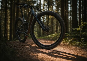 Fototapeta premium Mountain bike adventure on forest trail in warm sunlight