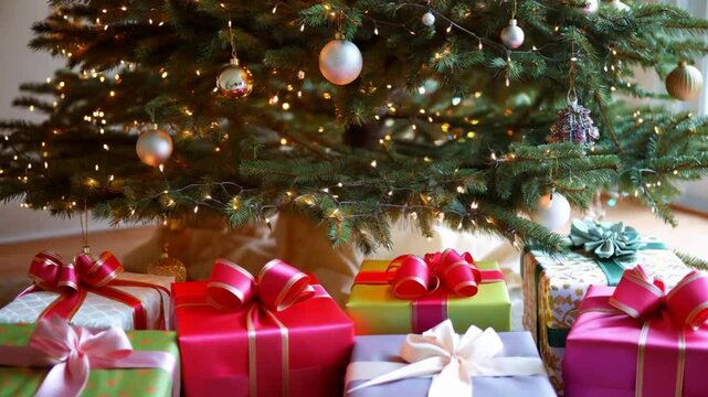 Colorfully wrapped presents arranged under a glowing Christmas tree.