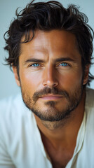 Obraz premium A Professional Male Portrait with Blue Eyes, Wearing a Gray Round-neck T-shirt, Featuring Dense Eyebrows and a Serious Expression