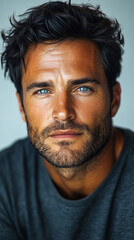 Obraz premium A Professional Male Portrait with Blue Eyes, Wearing a Gray Round-neck T-shirt, Featuring Dense Eyebrows and a Serious Expression