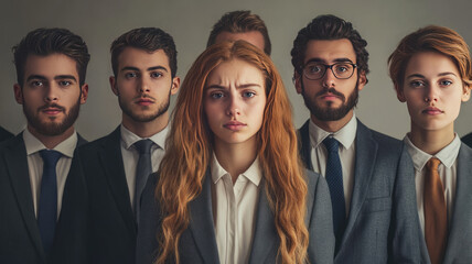 young group of job applicants front facing standing side by side in a line , all wearing formal business suits.