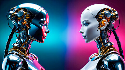 Two beautiful female androids are facing each other
