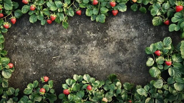 Strawberry plants frame a patch of dirt, showcasing ripe, red berries ready for picking