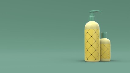 Elegant cosmetic bottles with label closeup on green background. Modern cover design. 3d illustration.