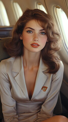 A Calm Female Passenger in Blue Shirt with Orange Bow, Sitting in an Airplane Seat, Gazing Out the Window at the Sky