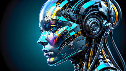 Fototapeta premium Profile shot of beautiful android with female face. Colorful reflection on the face.