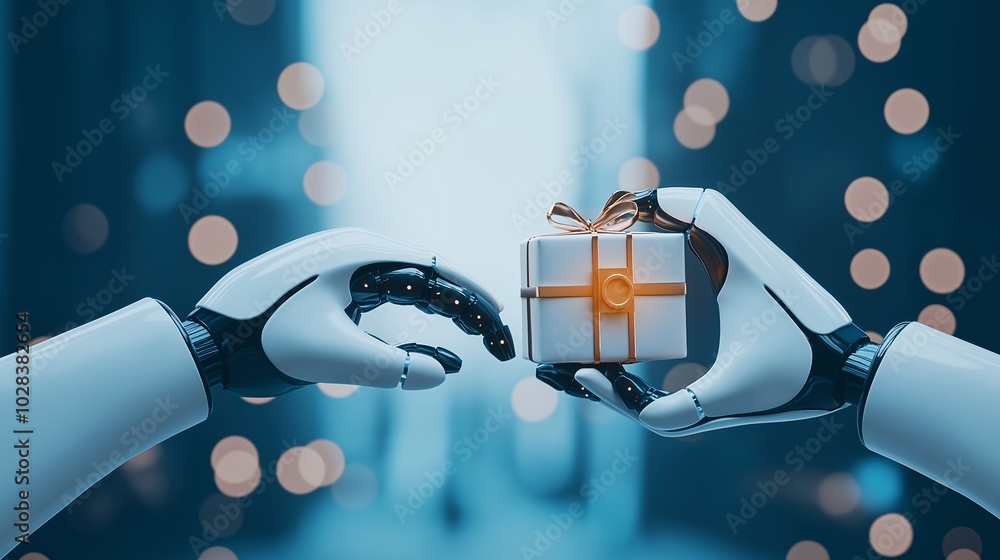 Poster robot hands exchanging gift in bokeh background