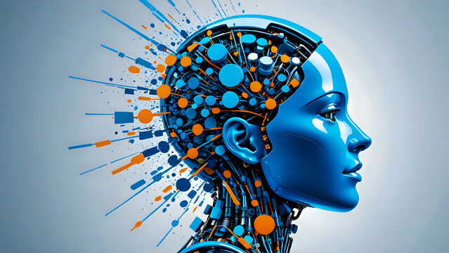 Profile shot of android with blue female face. The back of the head is exploding with blue and orange particles.