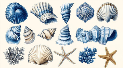 A Series of Intricate Blue-toned Sea Creatures, Including Shells, Starfish, and Coral, Rendered in Vibrant Watercolor with Delicate Details