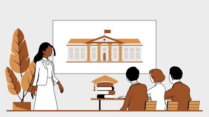 Campaigning by college representatives. Students viewing various brochures, presentations. High school graduation, high school education, choosing a college, college admissions process, 3d animation.