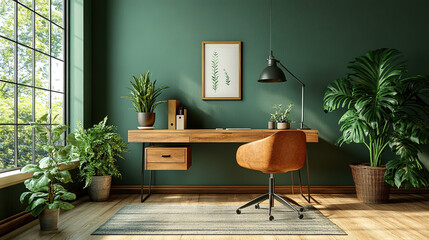 Fototapeta premium A Modern Interior with a Long Sofa, Colorful Cushions, and Green Walls Decorated with Botanical Artwork and Natural Plants