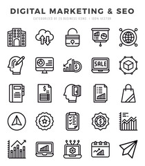 Collection of Digital Marketing & SEO 25 Lineal Icons Pack.