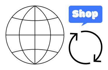 Globe with grid lines, recycling arrows in a circular motion, and blue shop label. Ideal for themes of global commerce, sustainability, eco-friendly practices, online business, and international