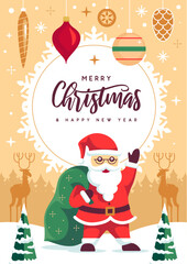 Merry Christmas and Happy New Year greeting card, cover or poster with Santa Claus. Christmas background. Flat design. Vector illustration