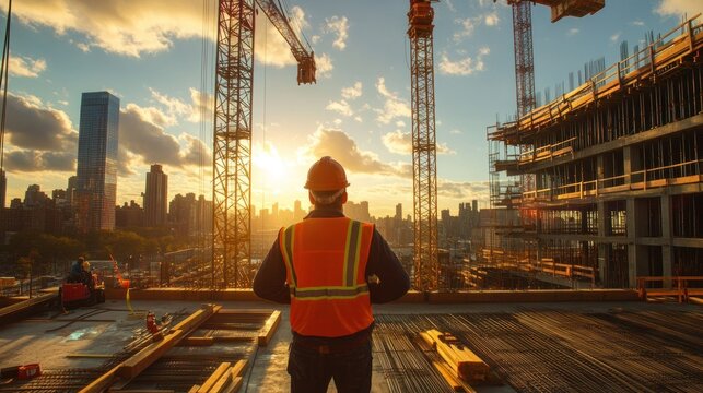A construction worker observes a sunset at a building site with cranes in the background.