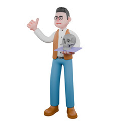 3D Male Anthropologist in Museum. A male anthropologist is standing while carrying a human skull and raising his thumb. Professional Character