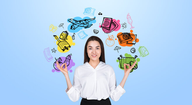 Smiling business woman portrait with lotus fingers and different travel icons
