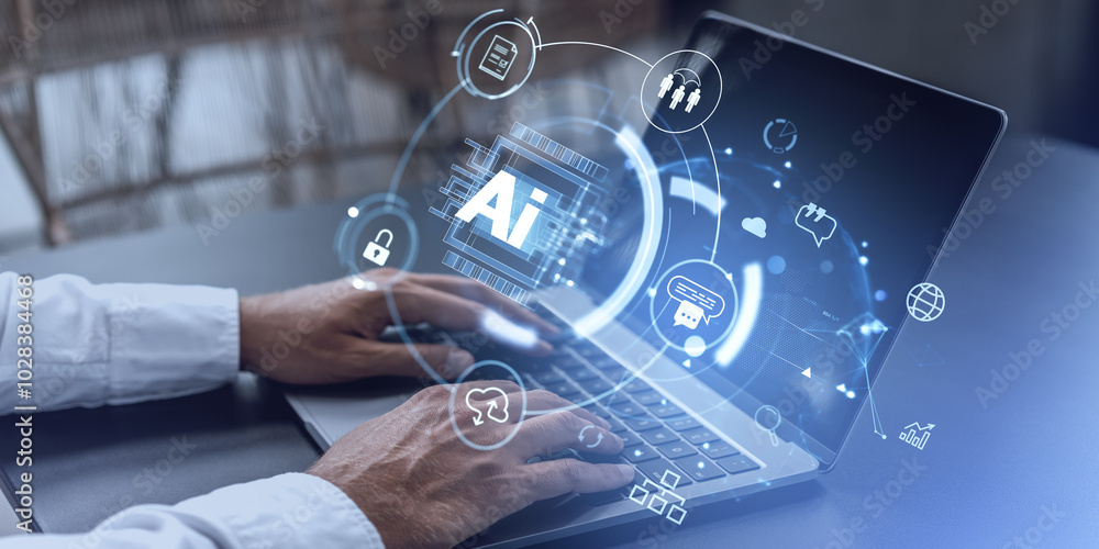 Poster man using laptop ai icons hologram, chat bot and artificial intelligence