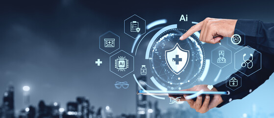 Man finger touch glowing medical shield icon, health care and hospital treatment