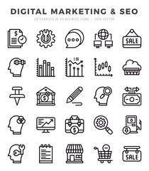 Digital Marketing & SEO Icon Pack 25 Vector Symbols for Web Design.