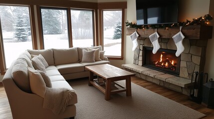 Cozy Living Room with Fireplace and Holiday Decor