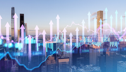 Financial growth graph overlaying modern cityscape background. New York city skyline.