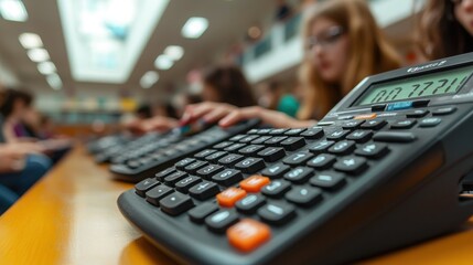 A classroom setting where multiple students are engaged in using calculators on their desks. Focus on technology and education.
