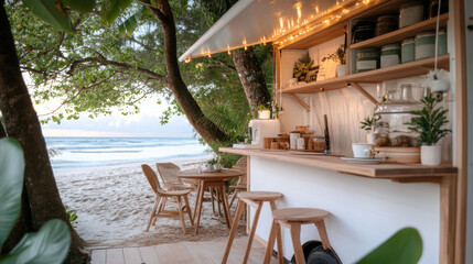 Fototapeta premium Cozy beachside café with wooden seating and lush greenery, perfect for relaxation, AI
