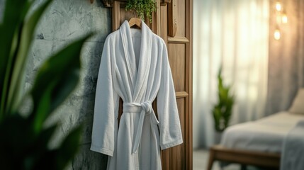  A white bathrobe neatly hung on a wooden hanger in a cozy, softly lit bedroom, creating a relaxing and serene atmosphere.