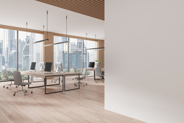 Modern office interior with blank wall and workspace. 3D Rendering