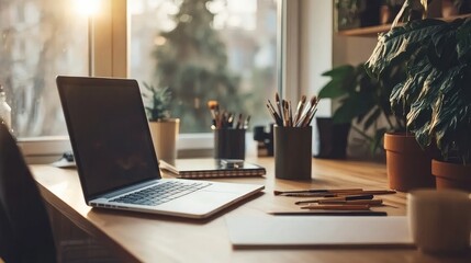 Fototapeta premium Cozy Workspace with Laptop and Office Supplies