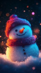 Cheerful snowman with hat and scarf wrapped in glowing Christmas lights, set in a snowy winter night