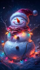 Cheerful snowman with hat and scarf wrapped in glowing Christmas lights, set in a snowy winter night