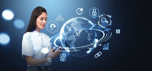 Young woman with tablet in hands, social media hud icons and digital hologram