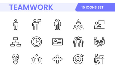 Teamwork linear icons collection. Set of coworking space icons. Business teamwork, team building, work group, and human resources minimal thin line web icon set.