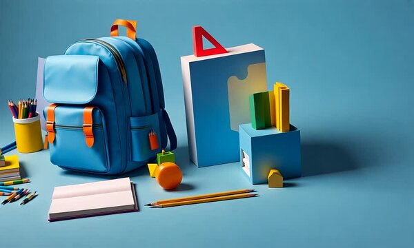 A brightly arranged workspace features a blue backpack surrounded by colorful stationery, books, and fun items that spark creativity and learning, ideal for students