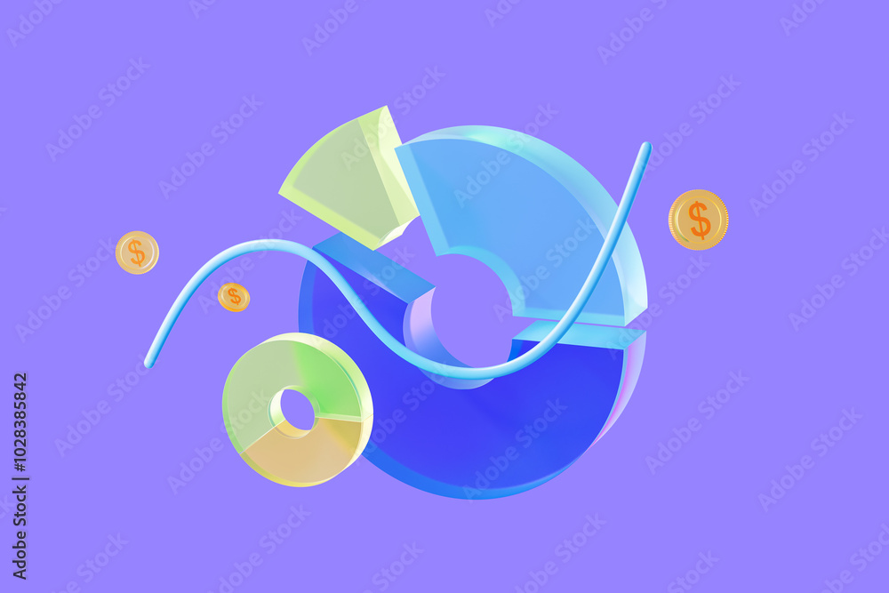 Aufkleber abstract financial chart with colorful segments and dollar coins. 3d rendering