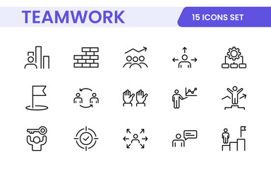 Teamwork linear icons collection. Set of coworking space icons. Business teamwork, team building, work group, and human resources minimal thin line web icon set.