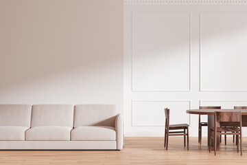 Modern living room with beige sofa and wooden dining set. 3D Rendering