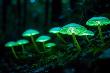 Fototapeta premium Glowing Green Mushrooms in a Dark Forest.