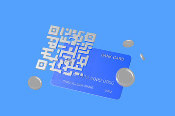 Bank card with QR code and coins on blue background. 3D Rendering