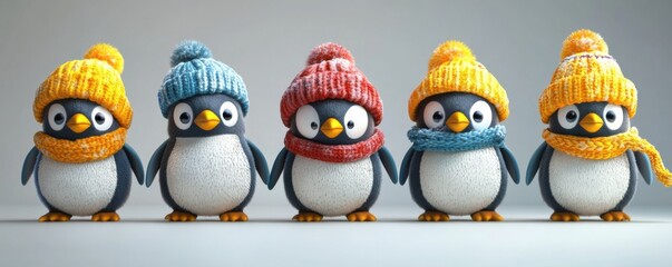 Five cute, cartoon-style penguins wearing colorful knitted hats and scarves, standing in a row against a pale background.