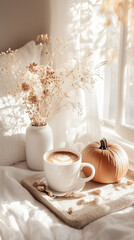 Cozy autumn morning: a cup of coffee, an open book, and fallen leaves on a knitted blanket.