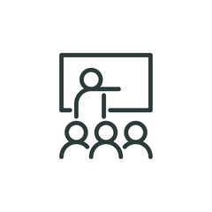Learning lesson, training meeting, business presentation, outline icon. Line sign teacher in front of group students. Vector isolated pictogram for web and app on white background editable stroke.