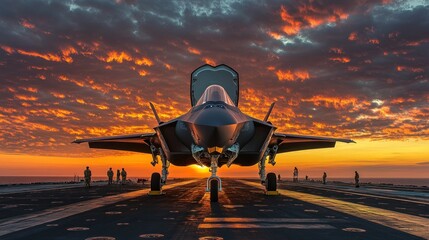 A military jet on a flight deck during a dramatic sunset, showcasing aviation power.