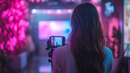 Naklejka premium woman shooting video with mobile phone on a pod using circle light, focus on pink and violet color