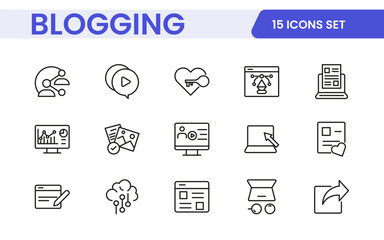 Blogging banner with icons. Post, social media, community, content, website, sharing, create, opinion. Business concept. Web vector infographic in outline icon style.