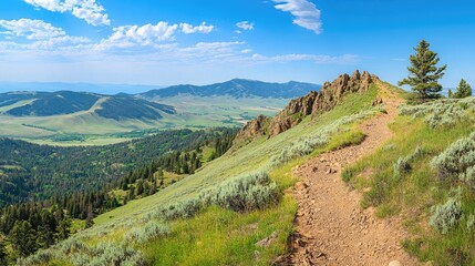 Naklejka premium Scenic Mountain Trail Overlooking Vast Green Valley