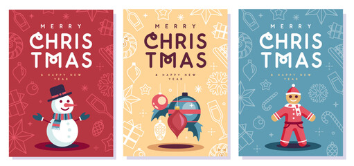 Set of Merry Christmas and Happy New Year greeting cards, covers or posters with holiday attributes. Christmas background. Flat design. Vector illustration