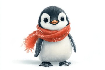 Fototapeta premium A cute, fluffy penguin wearing a bright red scarf, standing in a snowy environment with an adorable expression.